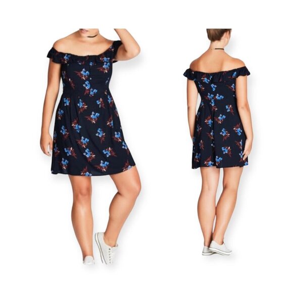 NWT City Chic Mini Dress, Blue Floral Off the Shoulder, Size 16 Plus size - Picture 1 of 12
